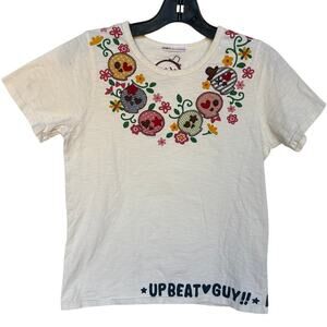 Rough Natural Charm Slub Knit Novelty T Shirt w Sugar Skull Appliques  size S(?)